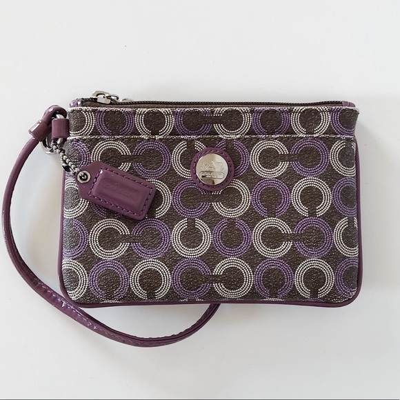 Coach Corner Zip Leather Wristlet - Purple, Brown and Cream - Picture 1 of 5